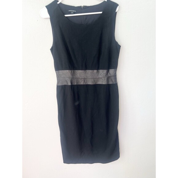 Lafayette 148 New York Black Sheath Wool Leather Dress Zip Back Leather Waist 8 - Picture 1 of 7